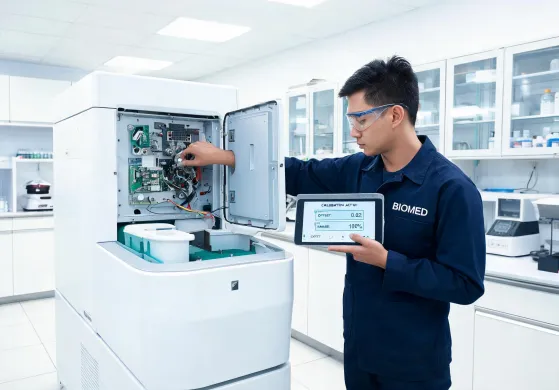 Field service engineer calibrating a lab analyzer